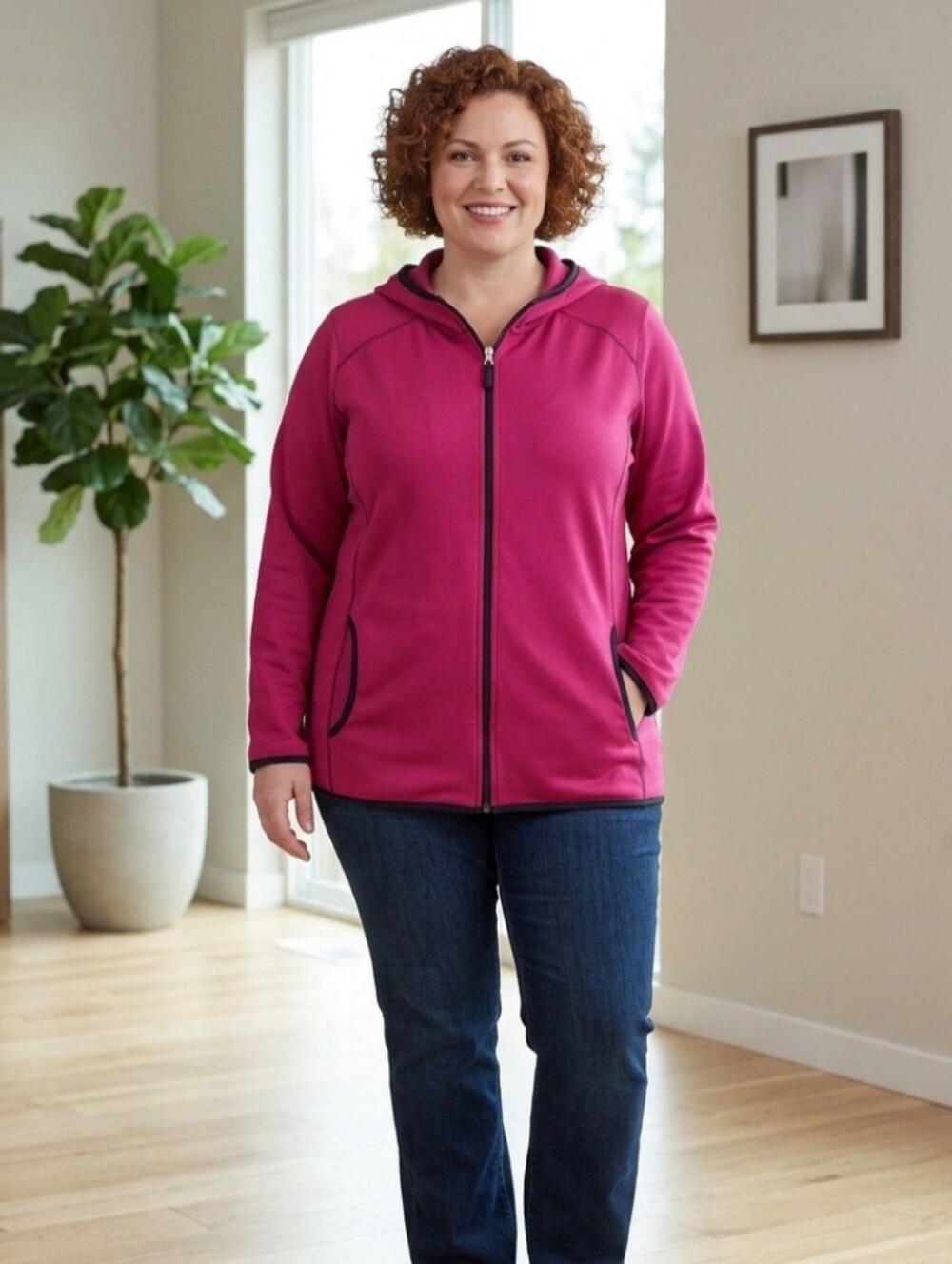 Just My Size Women's 4X Full Zip Up Jacket Hooded Fushia Long Sleeve Athletic